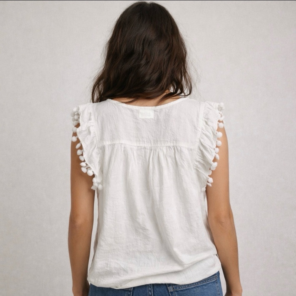 Boho Floral Embroidery Top Pom Pom Details - Picture 2 of 7